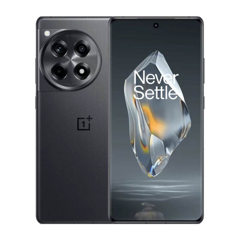 OnePlus 12R smartphone showing the rear camera setup and the 'Never Settle' logo on the screen, in a black color.